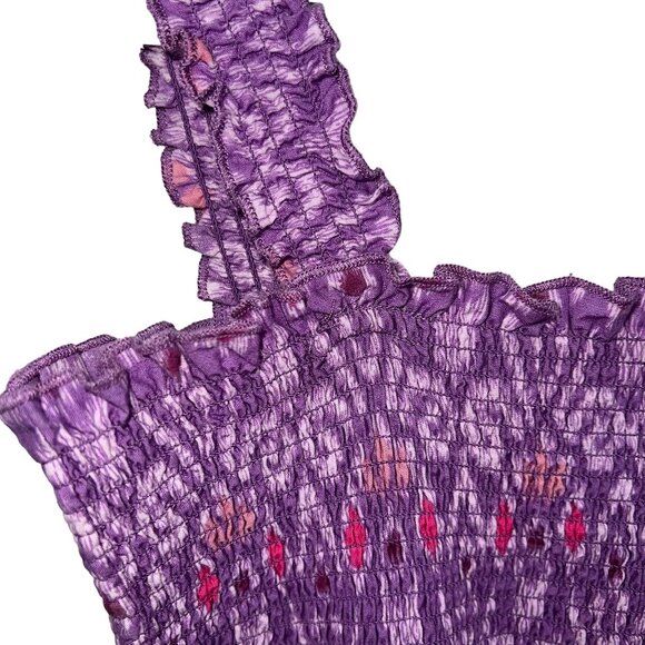 Mudd Smocked Boho Tiered Maxi Sundress Ikat Floral Ruffle Trim Lavender Pink - Picture 2 of 8